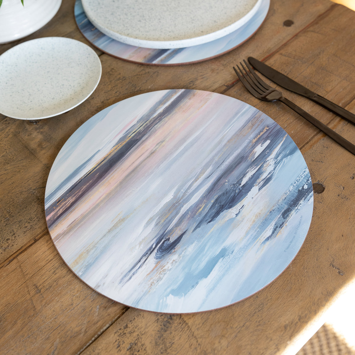 Podkładki okrągłe Abstrakcja Błękitno Szara Kitchen Craft – pod talerze, 4 szt. – aranżacja
