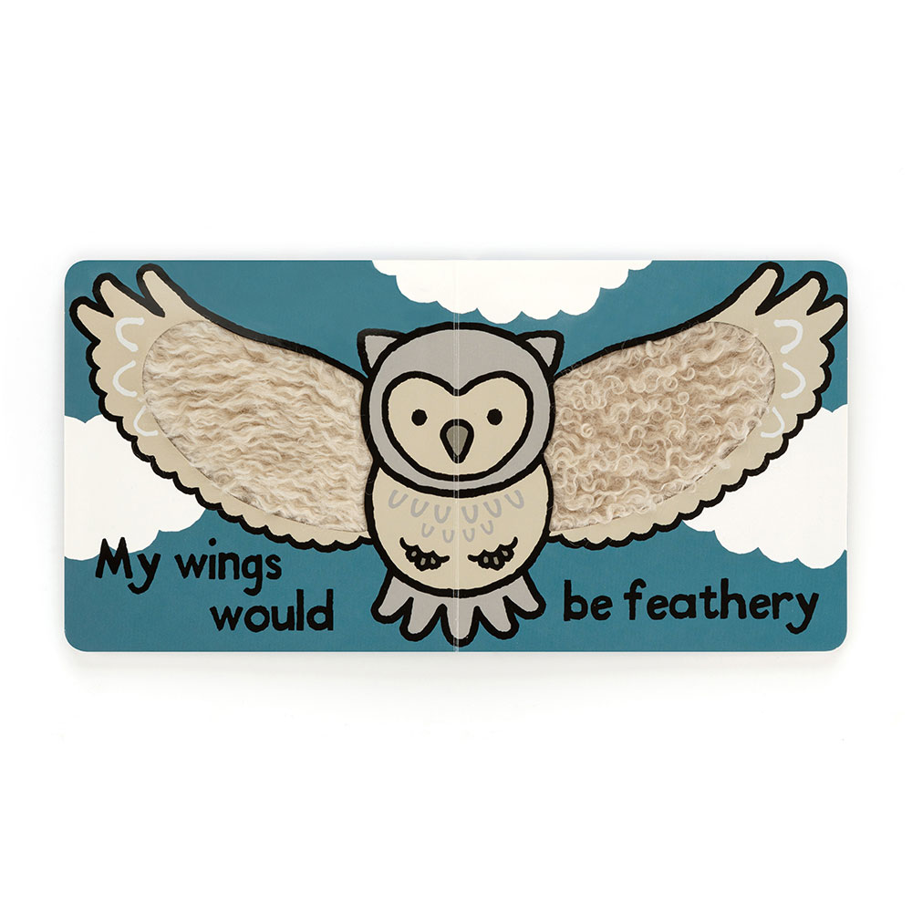 Książeczka Jellycat „If I Were an Owl” – rozkładówka z sową o skrzydłach z kędzierzawego materiału (zdjęcie producenta)