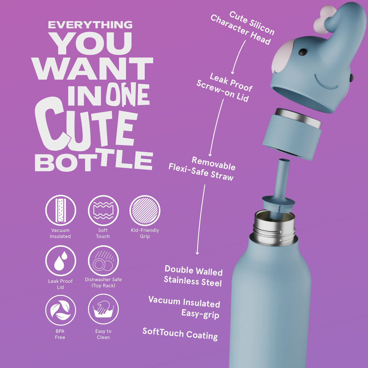 Butelka termiczna ze słomką Bestie Asobu – Słoń 460 ml – zdjęcie 5