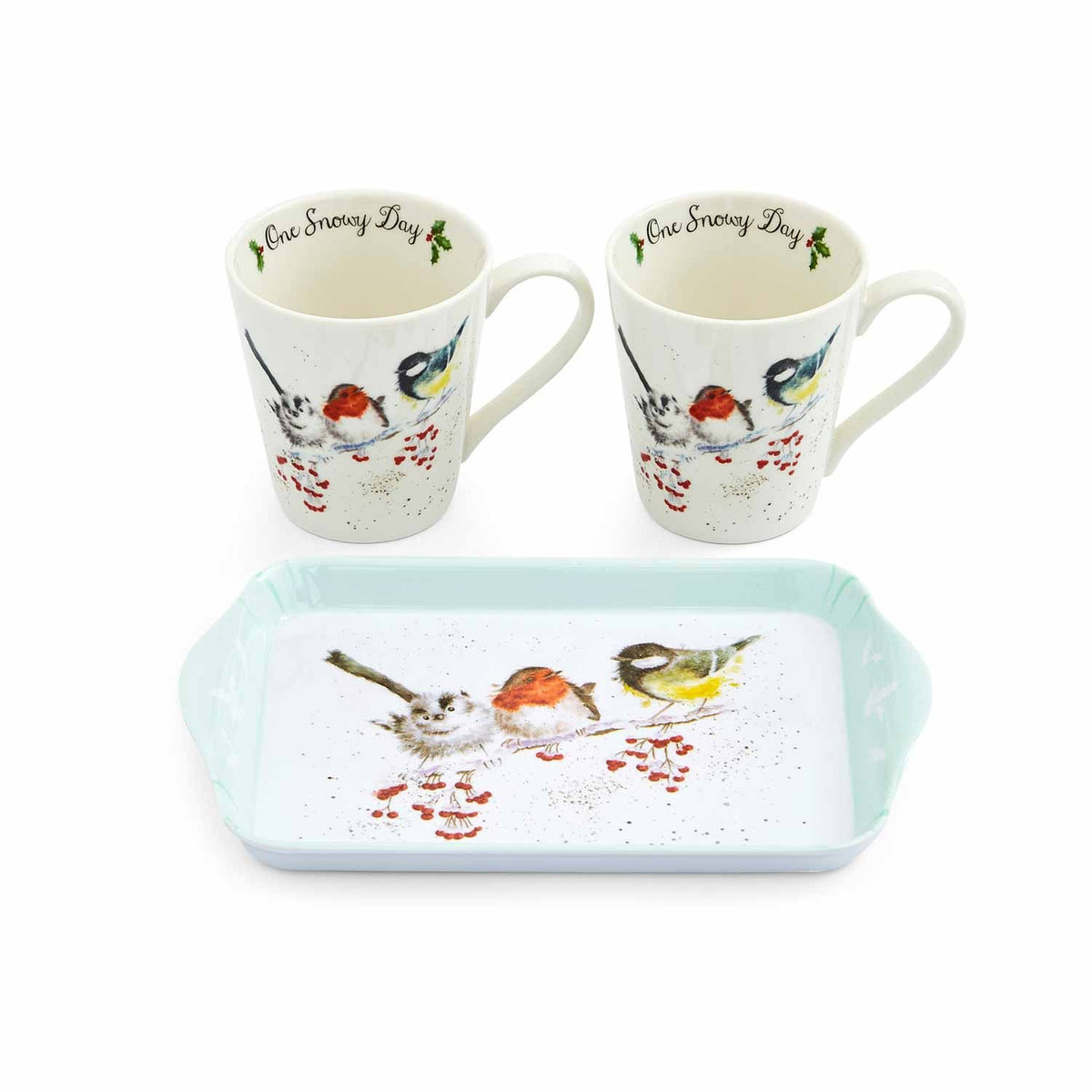 Kubki z tacką Wrendale Designs Royal Worcester – ptaszki na jarzębinie, 3 szt. – detal