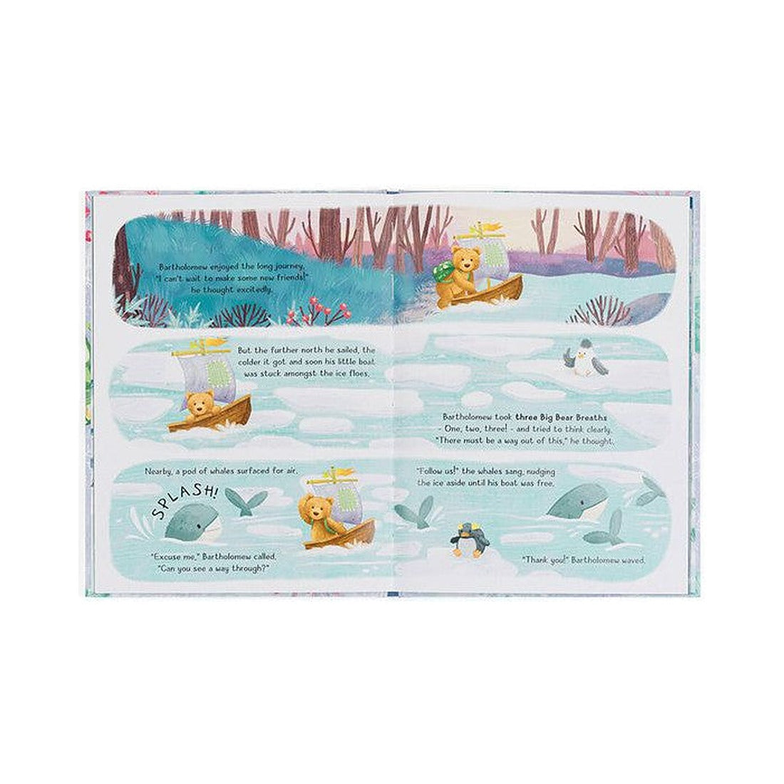 Książeczka Jellycat „Bartholomew Bear and the Snow Giants” – rozkładówka z misiem płynącym łódką wśród kry