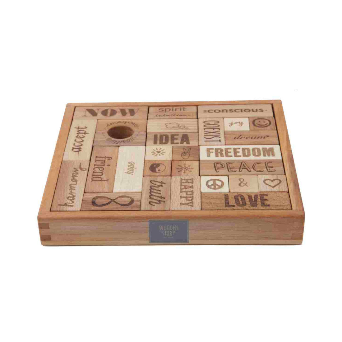 Drewniane klocki Peace & Love w skrzynce Wooden Story – 29 el.