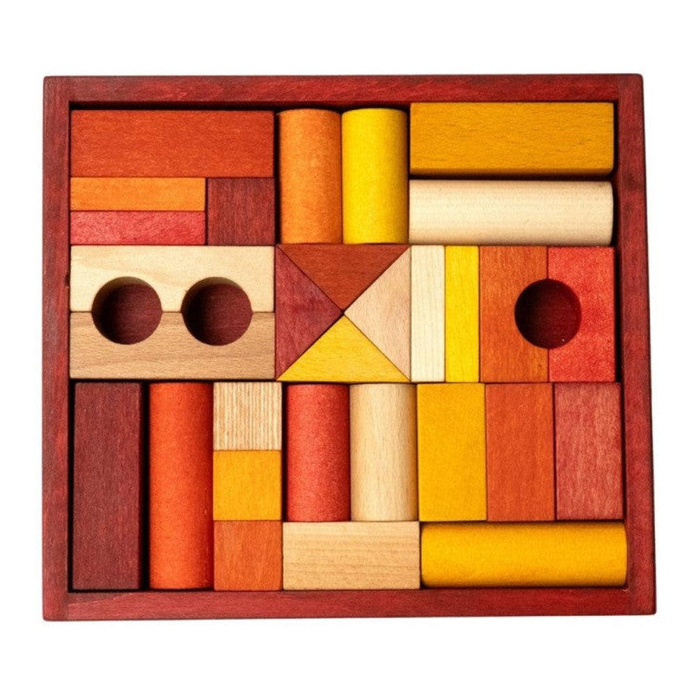 Drewniane klocki w czerwonej skrzynce Wooden Story – barwa ciepła, 30 el.