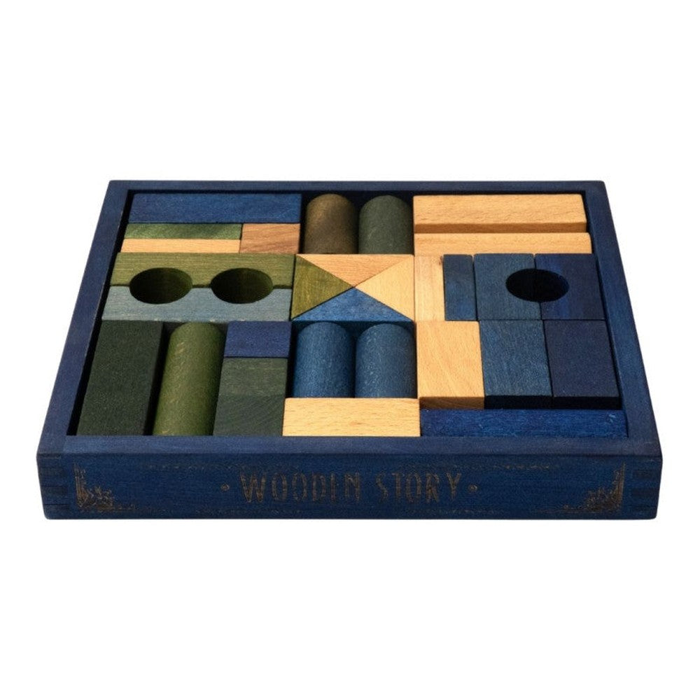 Drewniane klocki w niebieskiej skrzynce Wooden Story – barwa zimna, 30 el. – zdjęcie 2