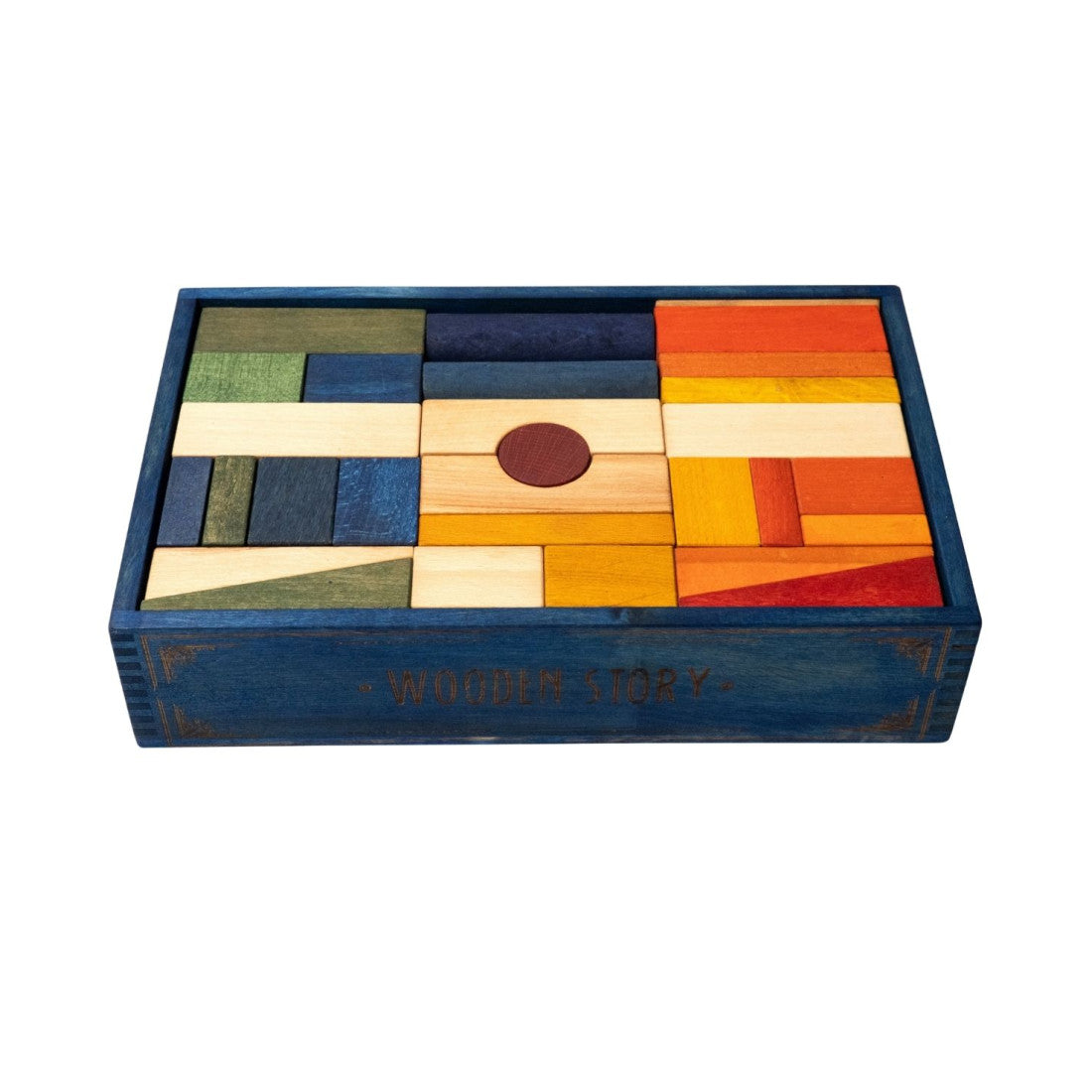 Drewniane klocki w niebieskiej skrzynce Wooden Story – kolorowe, XL, 63 el. – zdjęcie 2