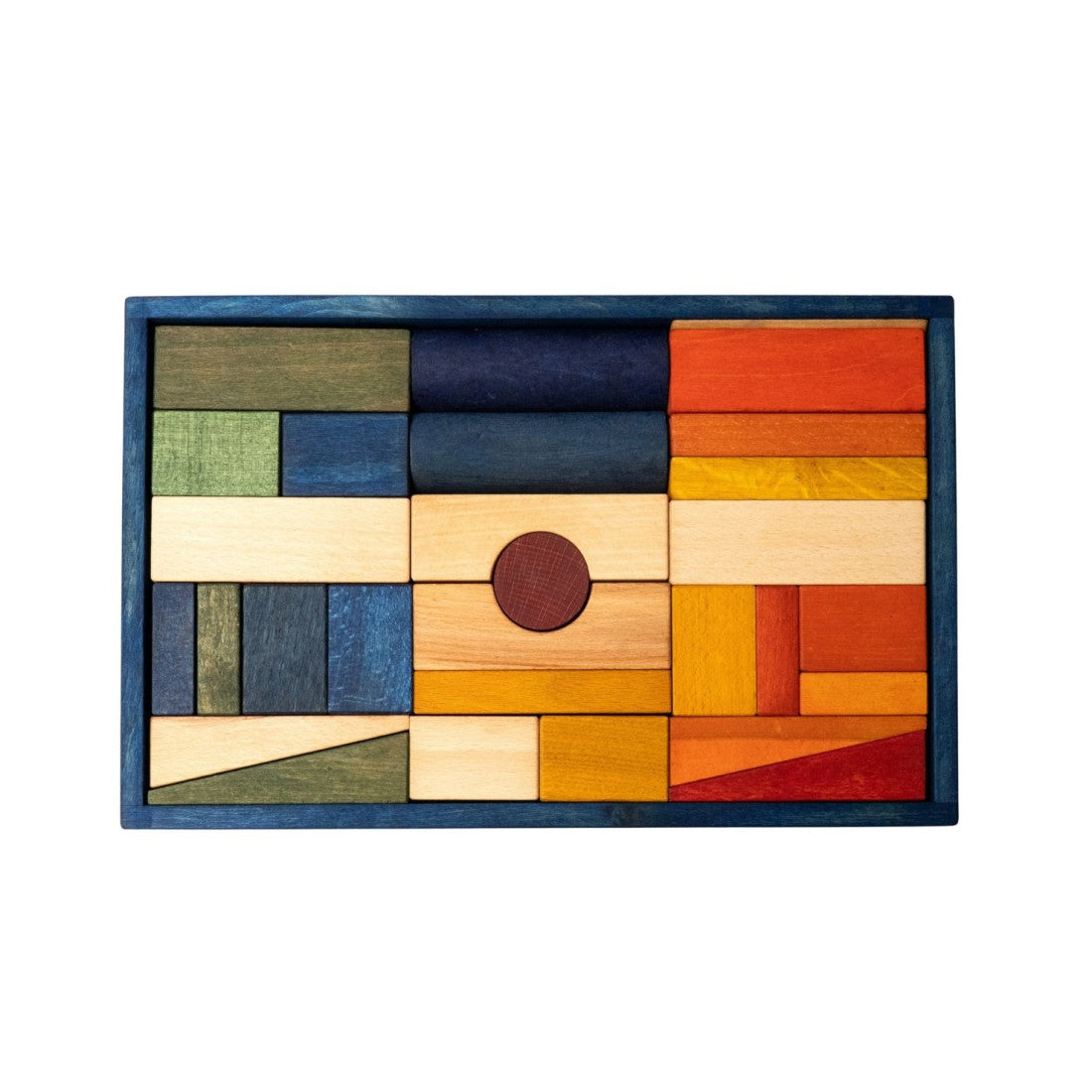 Drewniane klocki w niebieskiej skrzynce Wooden Story – kolorowe, XL, 63 el.