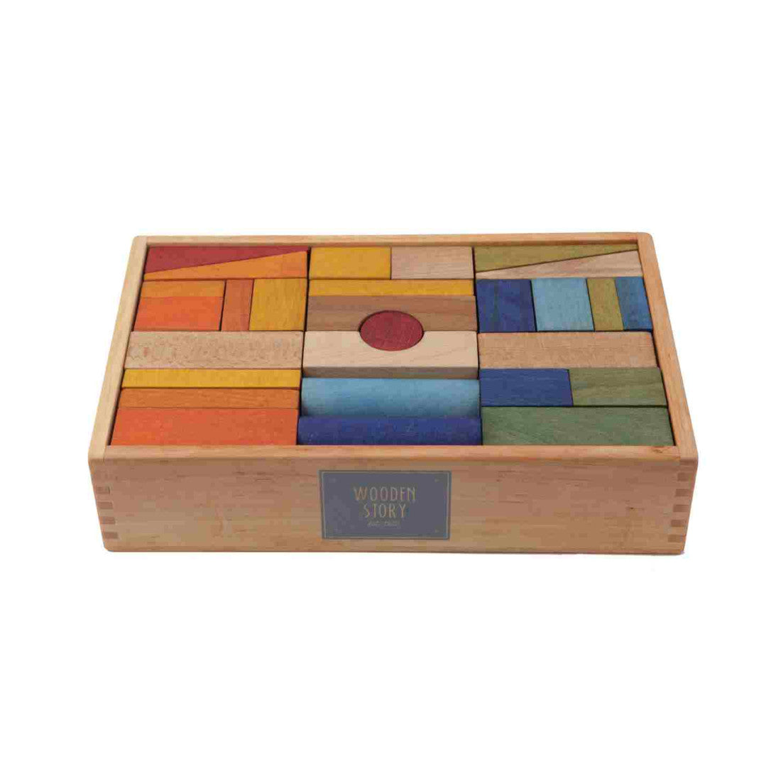 Drewniane klocki w skrzynce Wooden Story – kolorowe, XL, 63 el.