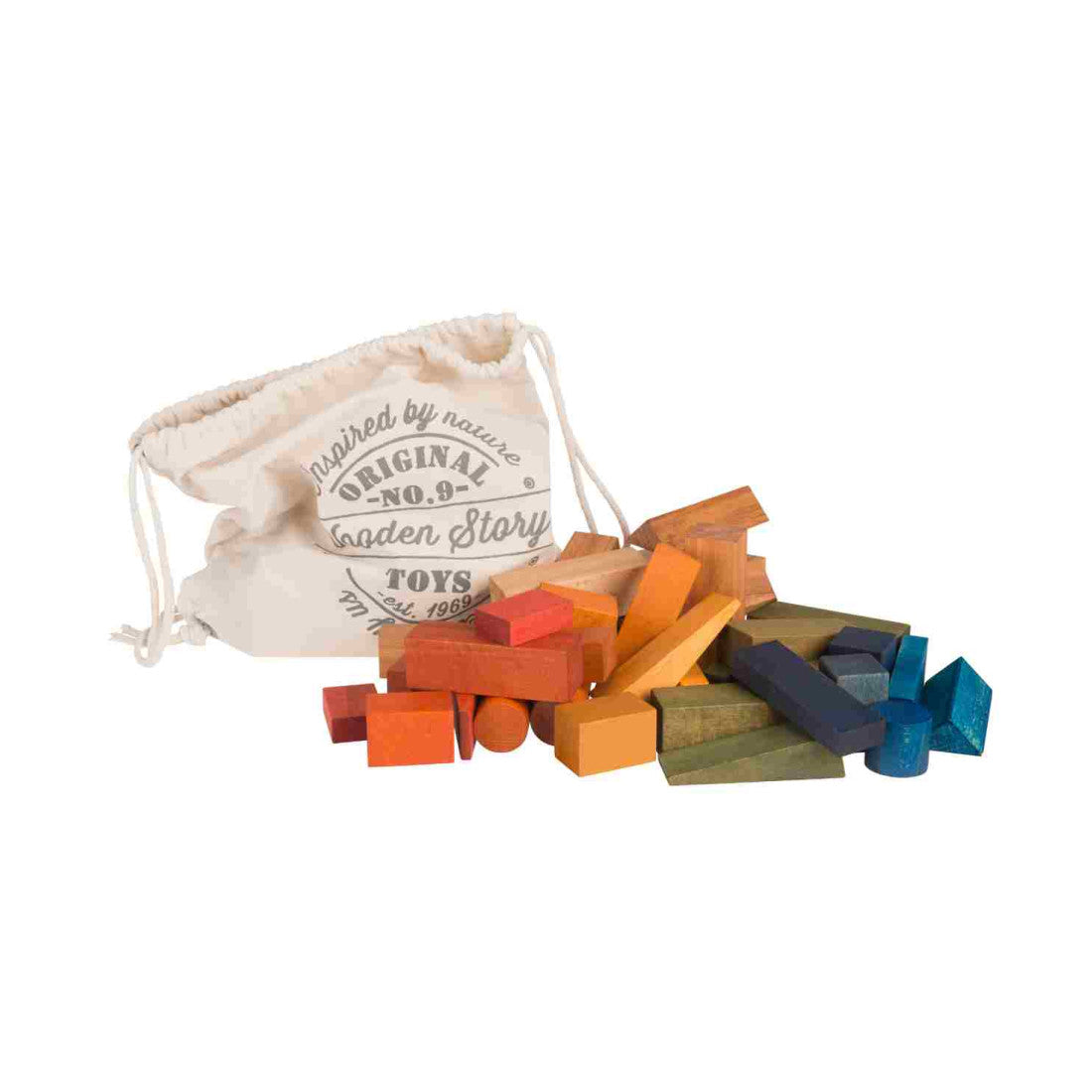 Drewniane klocki w worku Wooden Story – kolorowe, XL, 50 el.