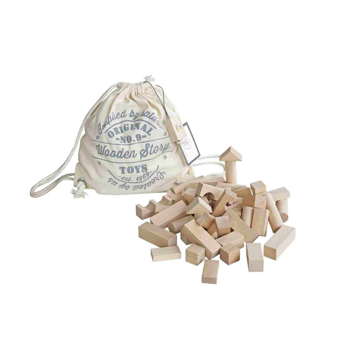 Drewniane klocki w worku Wooden Story – surowe, 50 el.