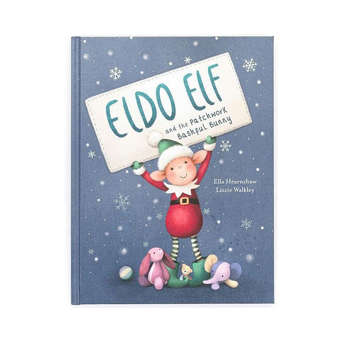 Książeczka Jellycat „Eldo Elf and the Patchwork Bashful Bunny” (wydanie angielskie) – okładka z elfem Eldo i króliczkami
