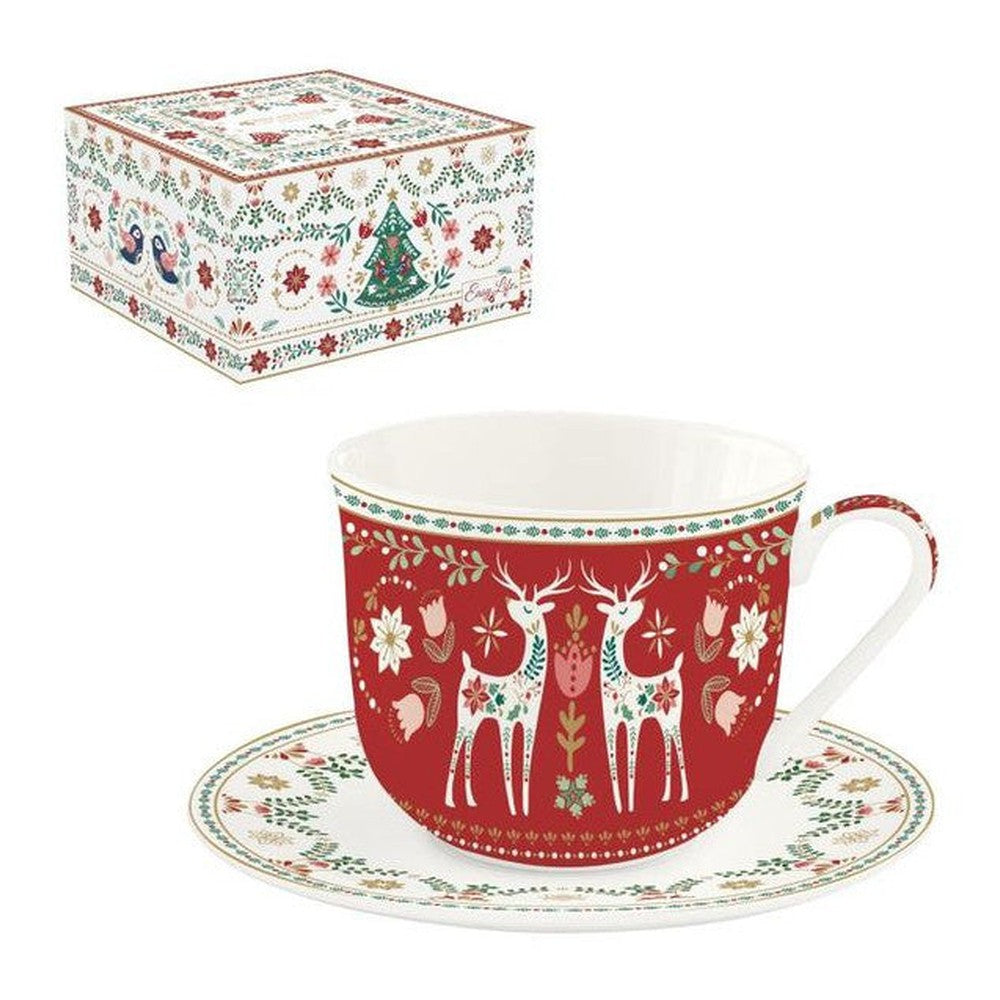 Filiżanka ze spodkiem Christmas Folk Easy Life – Jelonki, 400 ml
