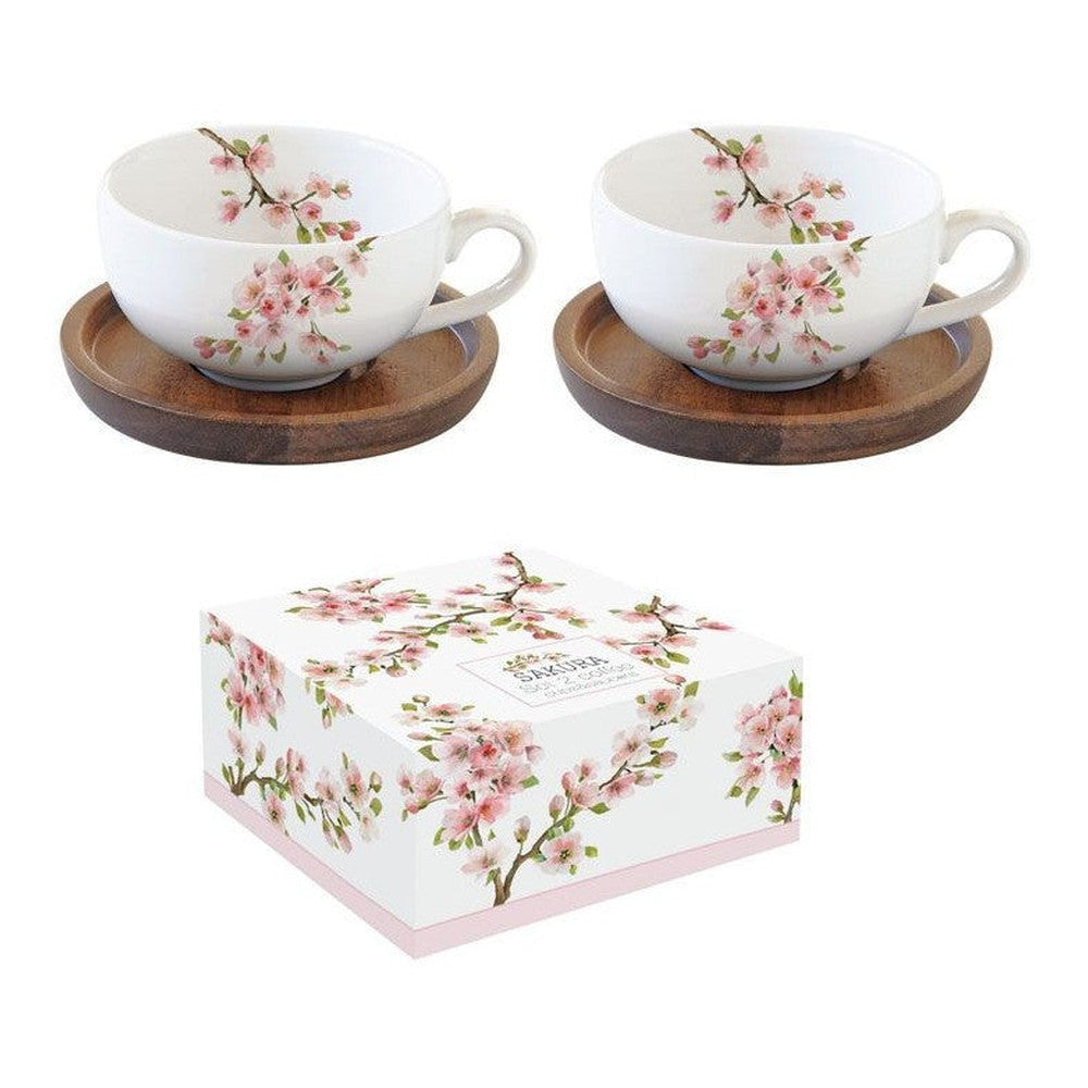 Filiżanki z drewnianymi spodkami Sakura Easy Life – Kwiat Wiśni, 2 szt., 100 ml