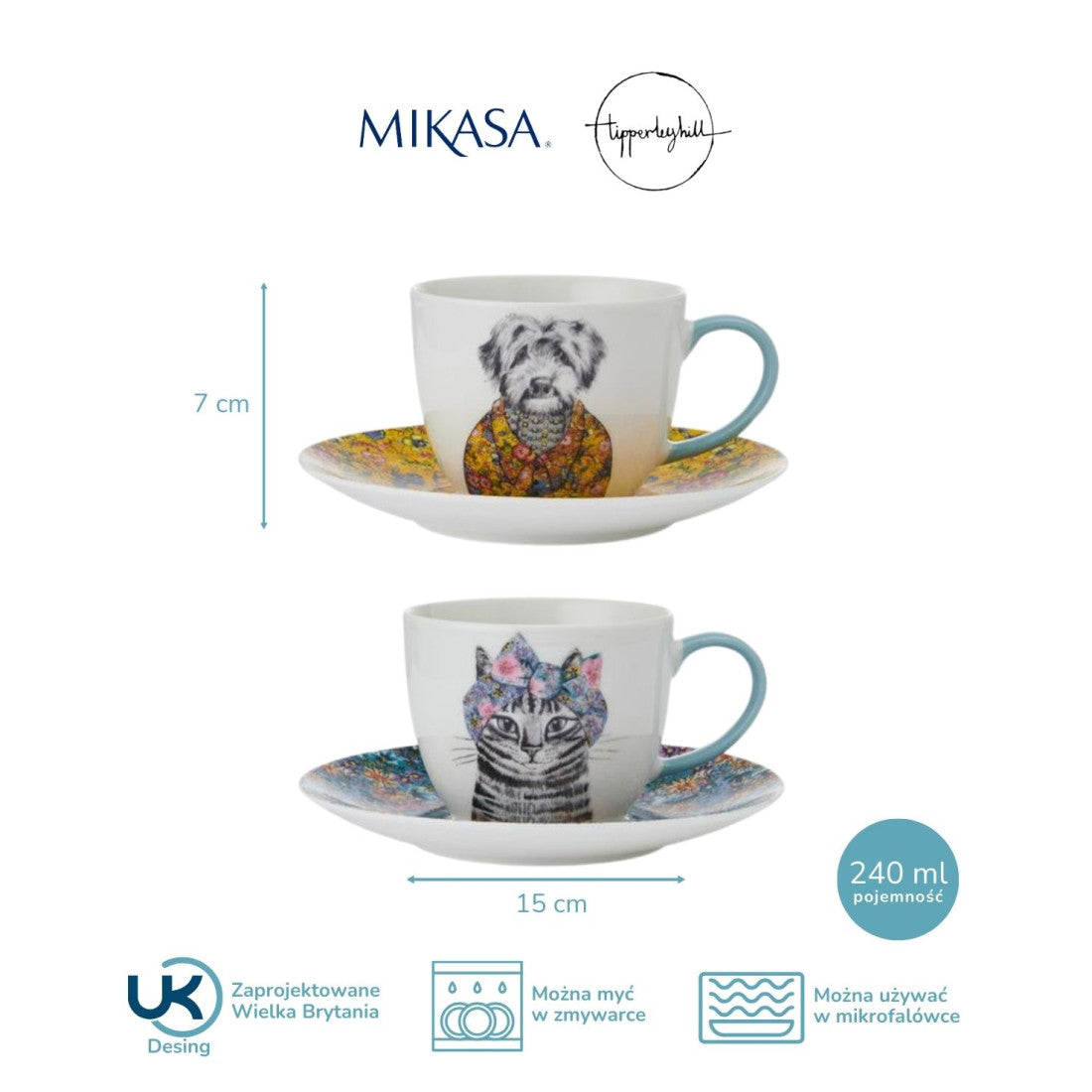 Filiżanki ze spodkami Tipperleyhill Mikasa – pies i kot, 240 ml, 2 szt. – zdjęcie 8