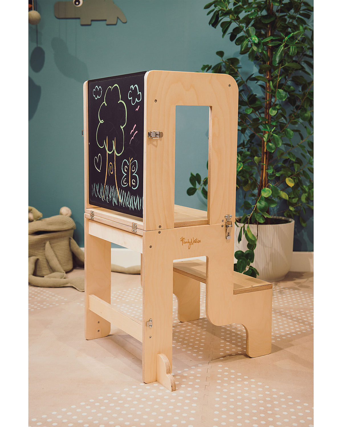 Family Nation wieża edukacyjna Montessori 3w1 z dwustronną tablicą magnetyczną – Natural