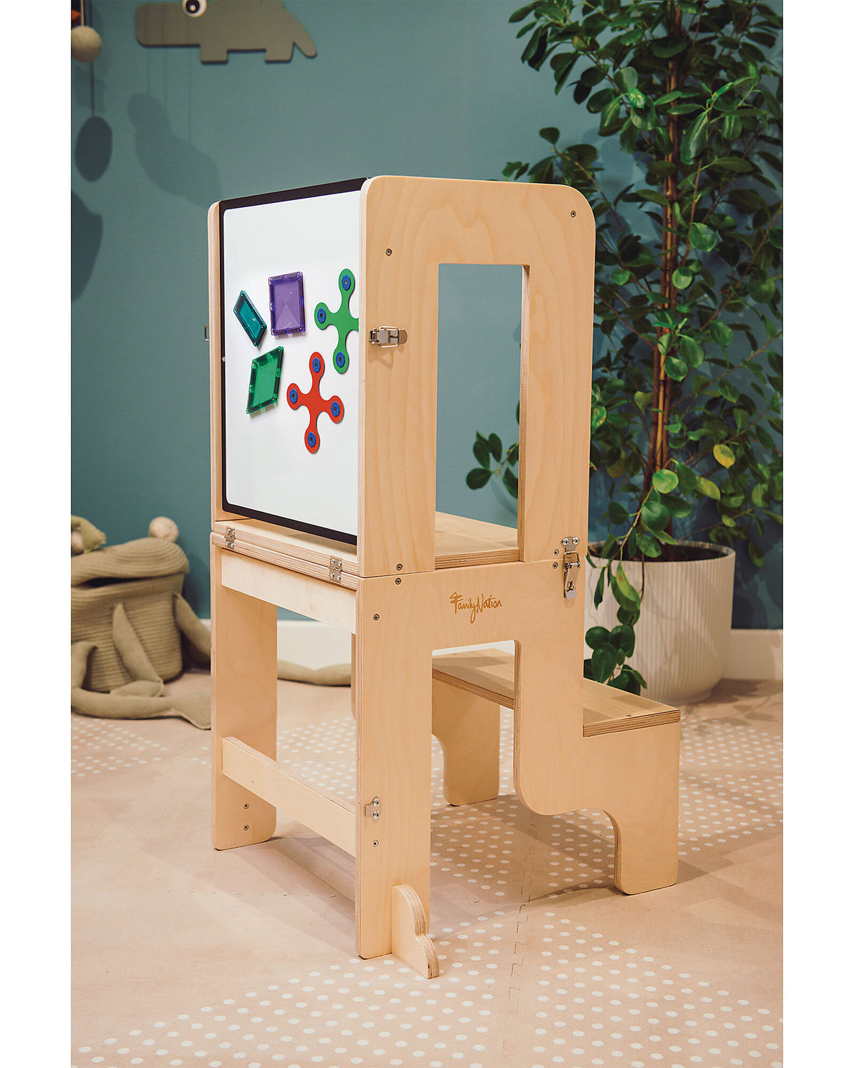 Family Nation wieża edukacyjna Montessori 3w1 z dwustronną tablicą magnetyczną – Natural