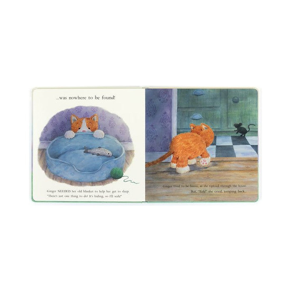 Książeczka Jellycat „Ginger, the Courageous Kitten” – rozkładówka z kotką Ginger skradającą się przez dom
