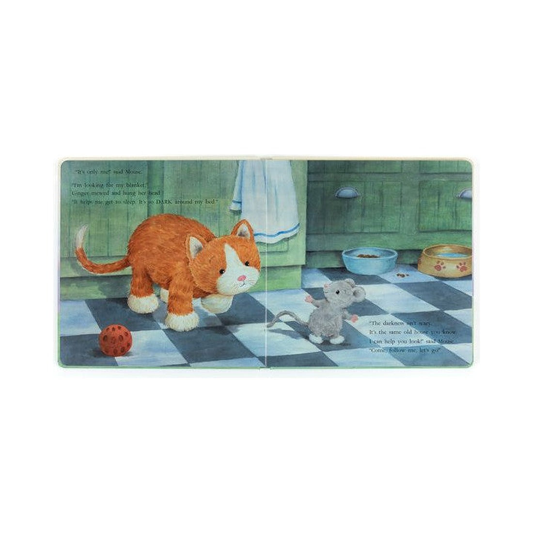 Książeczka Jellycat „Ginger, the Courageous Kitten” – rozkładówka z Ginger i myszką w kuchni