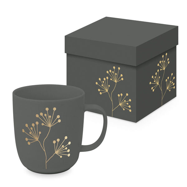 Kubek porcelanowy Czyste Złoto PPD – ciemnoszary, złota gałązka, 400 ml