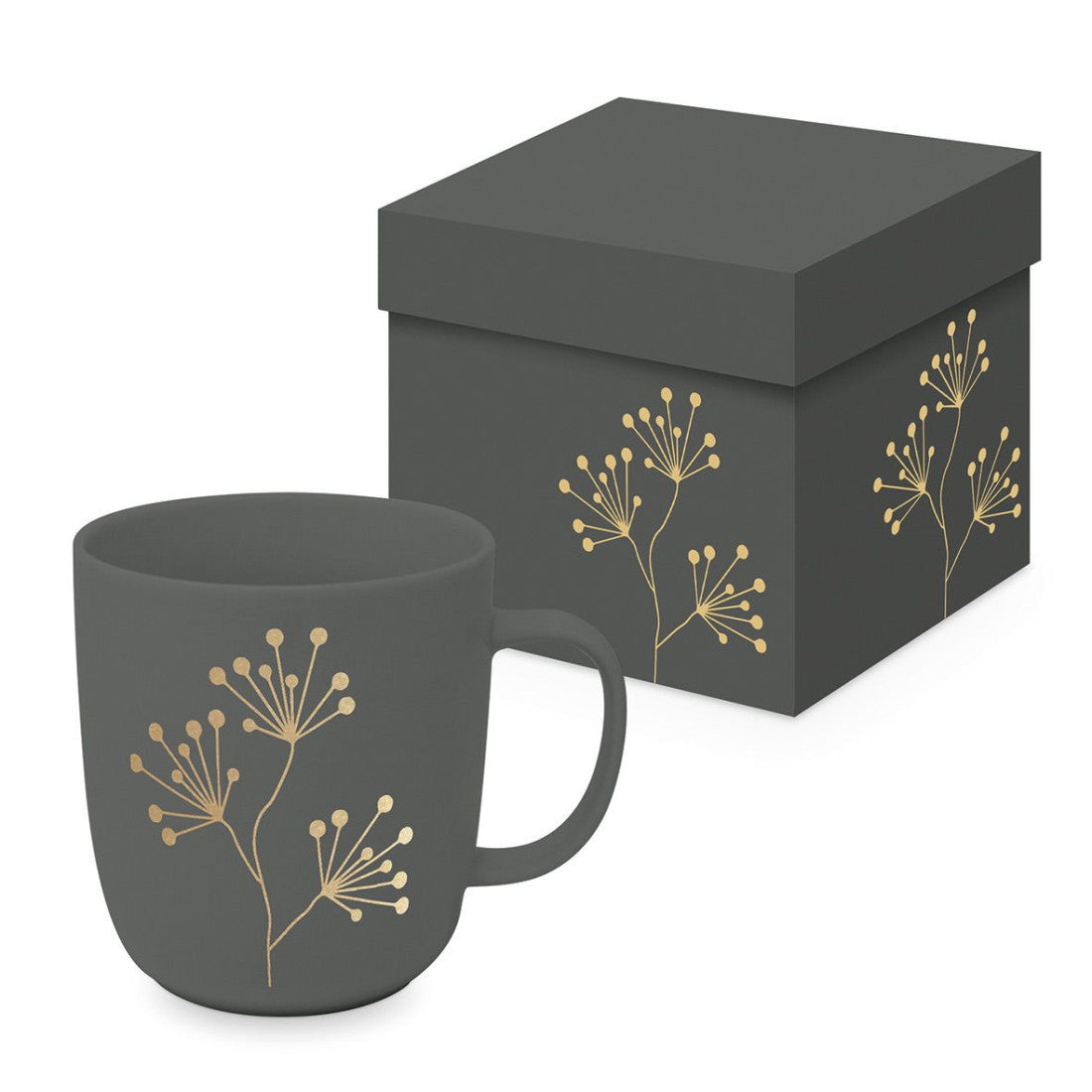 Kubek porcelanowy Czyste Złoto PPD – ciemnoszary, złota gałązka, 400 ml