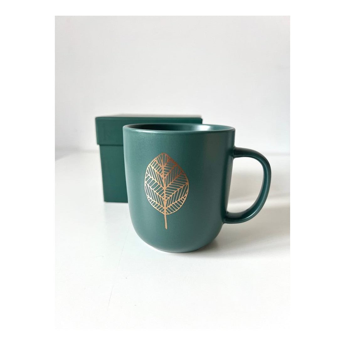 Kubek porcelanowy Czyste Złoto PPD – zielony, złoty listek, 400 ml – zdjęcie 2