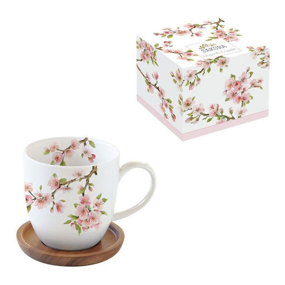 Kubek z drewnianym spodkiem Sakura Easy Life – Kwiat Wiśni, 350 ml