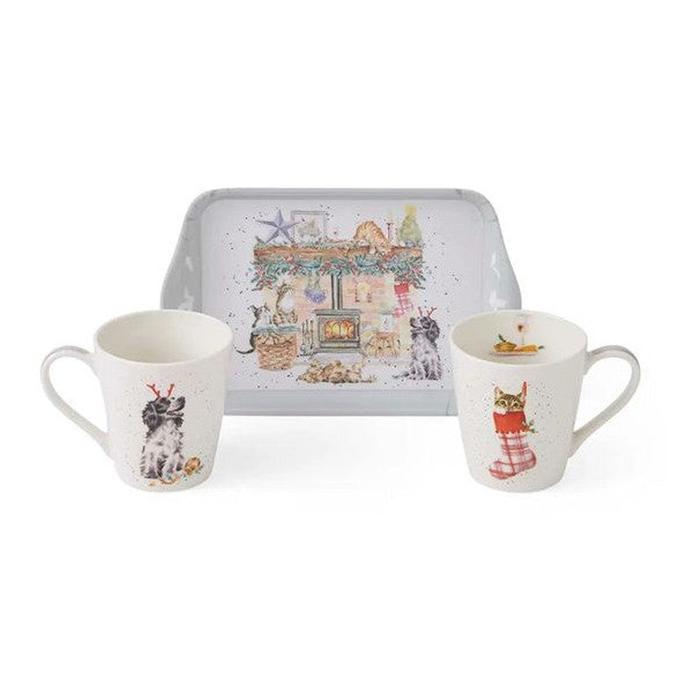 Kubki porcelanowe z tacką Wrendale Designs Royal Worcester – Idą Święta, zestaw 3 szt.