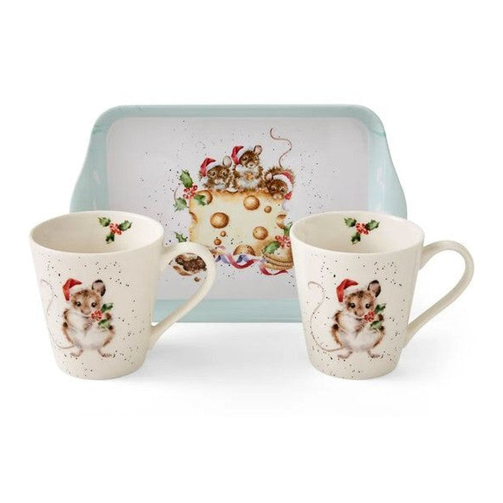Kubki z tacką Wrendale Designs Royal Worcester – świąteczne myszki i ser, 3 szt.