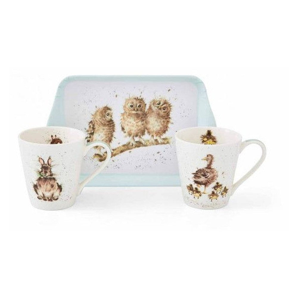 Kubki z tacką Wrendale Designs Royal Worcester – zajączek, kaczki i sówki, 3 szt.