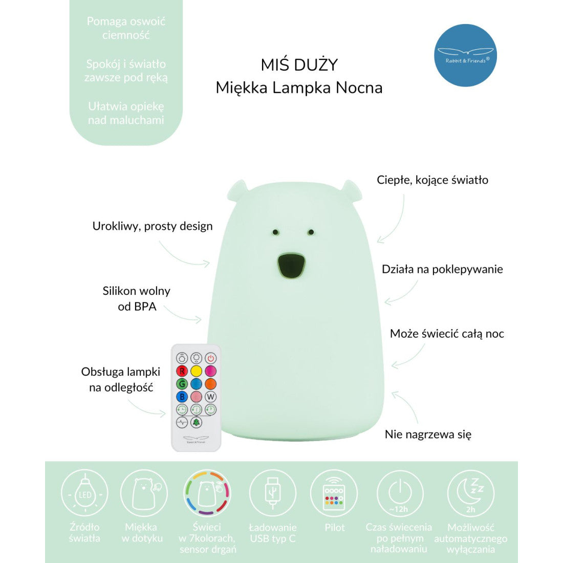 Lampka nocna Duży Miś z pilotem Rabbit & Friends – Jasna Mięta – zdjęcie 2