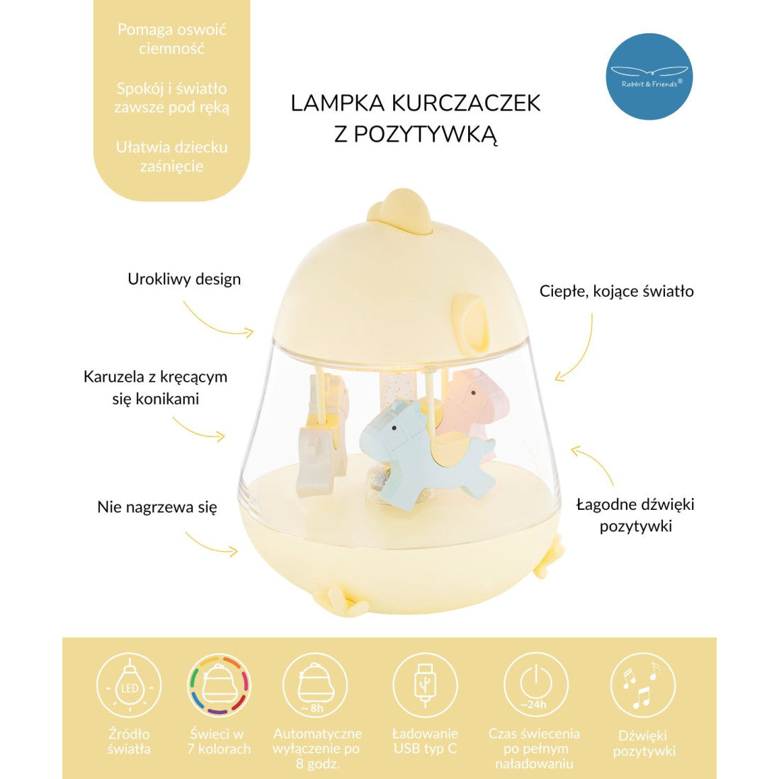 Lampka nocna Kurczaczek z pozytywką Rabbit & Friends – żółta – zdjęcie 6