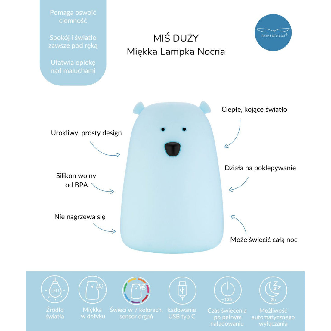 Lampka nocna Miś Duży Rabbit & Friends – niebieska – zdjęcie 7