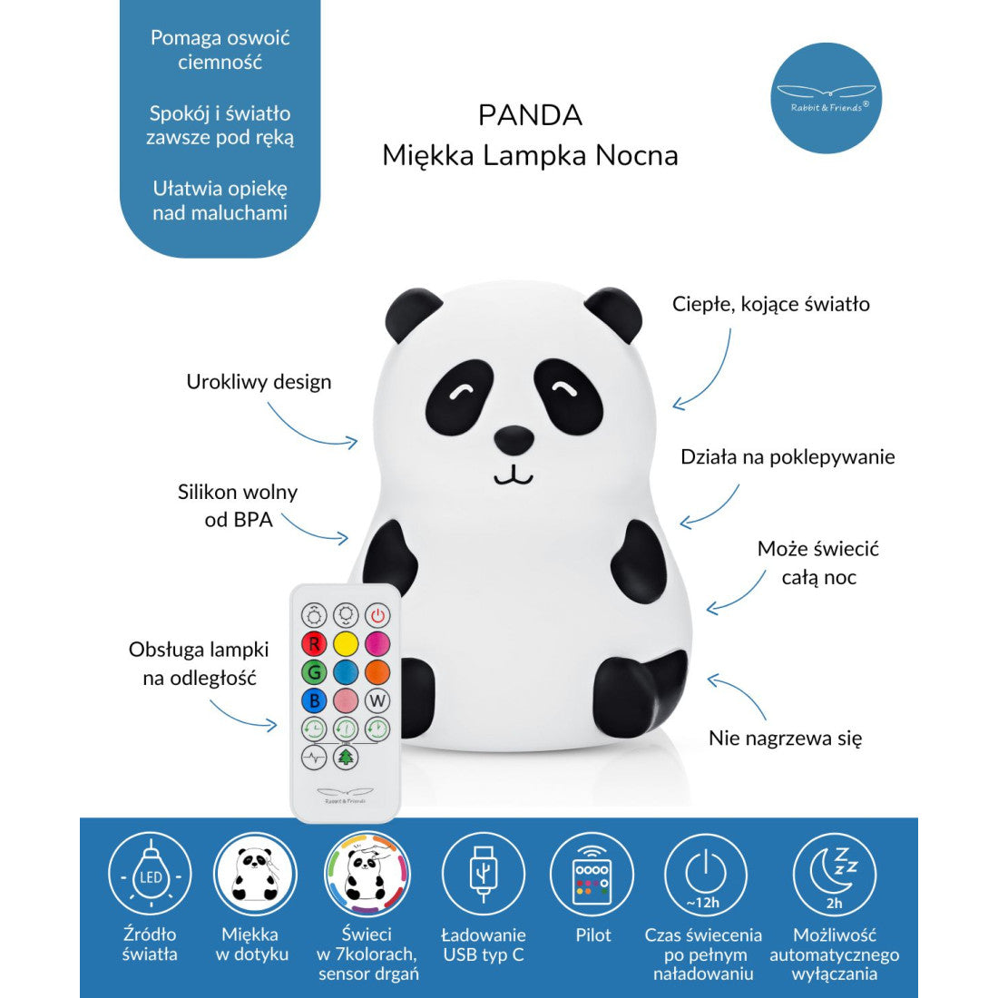 Lampka nocna Panda z pilotem Rabbit & Friends – biała – zdjęcie 5