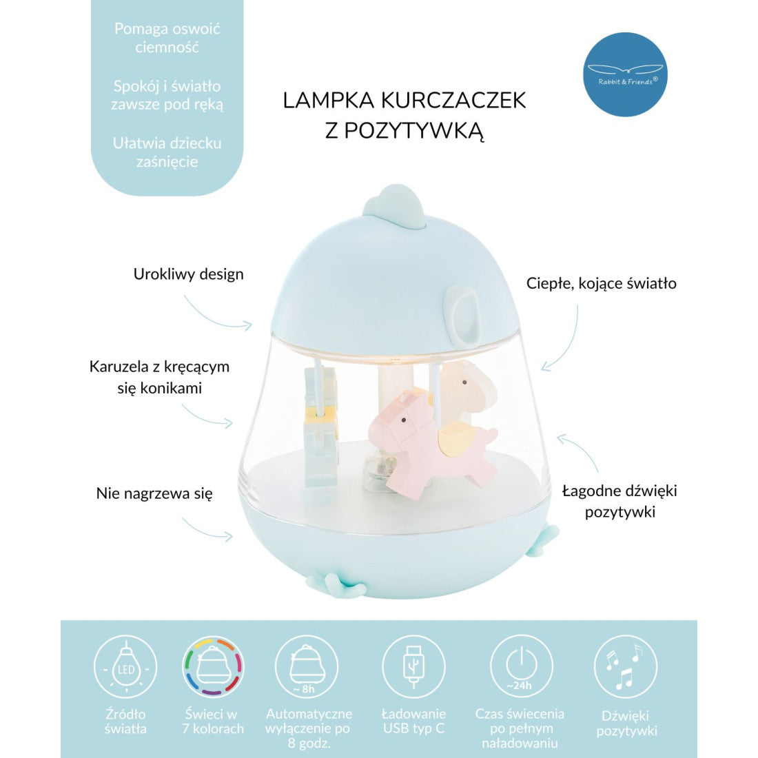 Lampka nocna Kurczaczek z pozytywką Rabbit & Friends – niebieska – zdjęcie 5