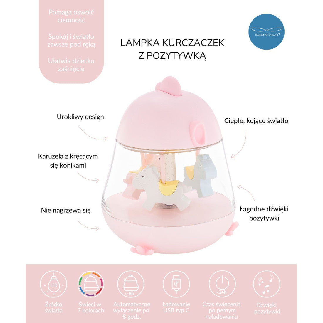 Lampka nocna Kurczaczek z pozytywką Rabbit & Friends – różowa – zdjęcie 7