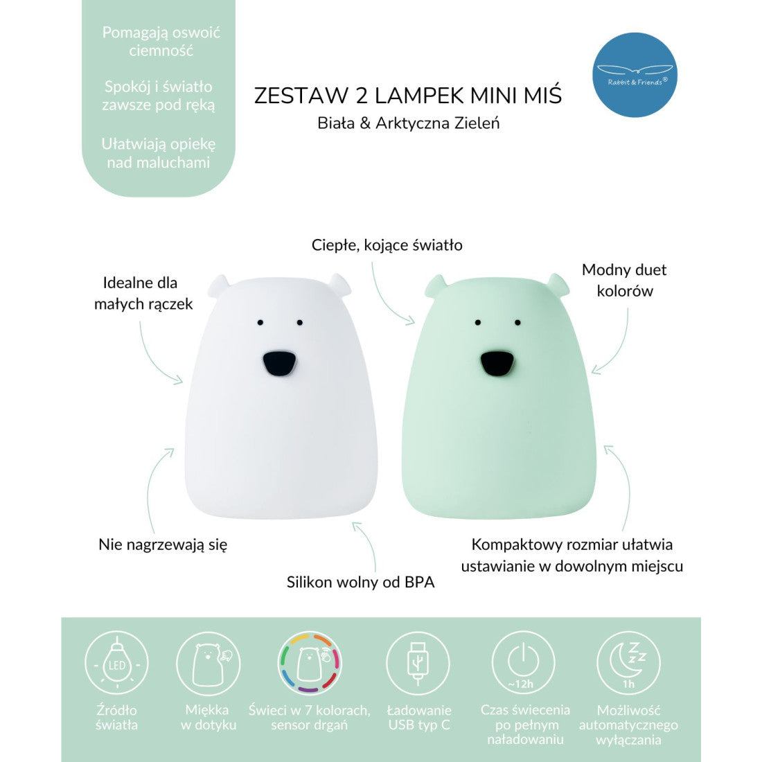 Lampki nocne Mini Miś Rabbit & Friends – Biały i Arktyczna Zieleń, 2 szt. – zdjęcie 5