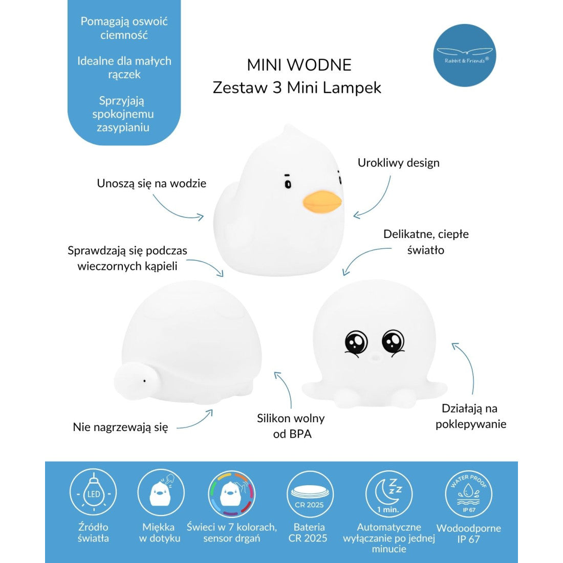 Lampki silikonowe Mini Wodne Rabbit & Friends – białe, zestaw 3 szt. – zdjęcie 8