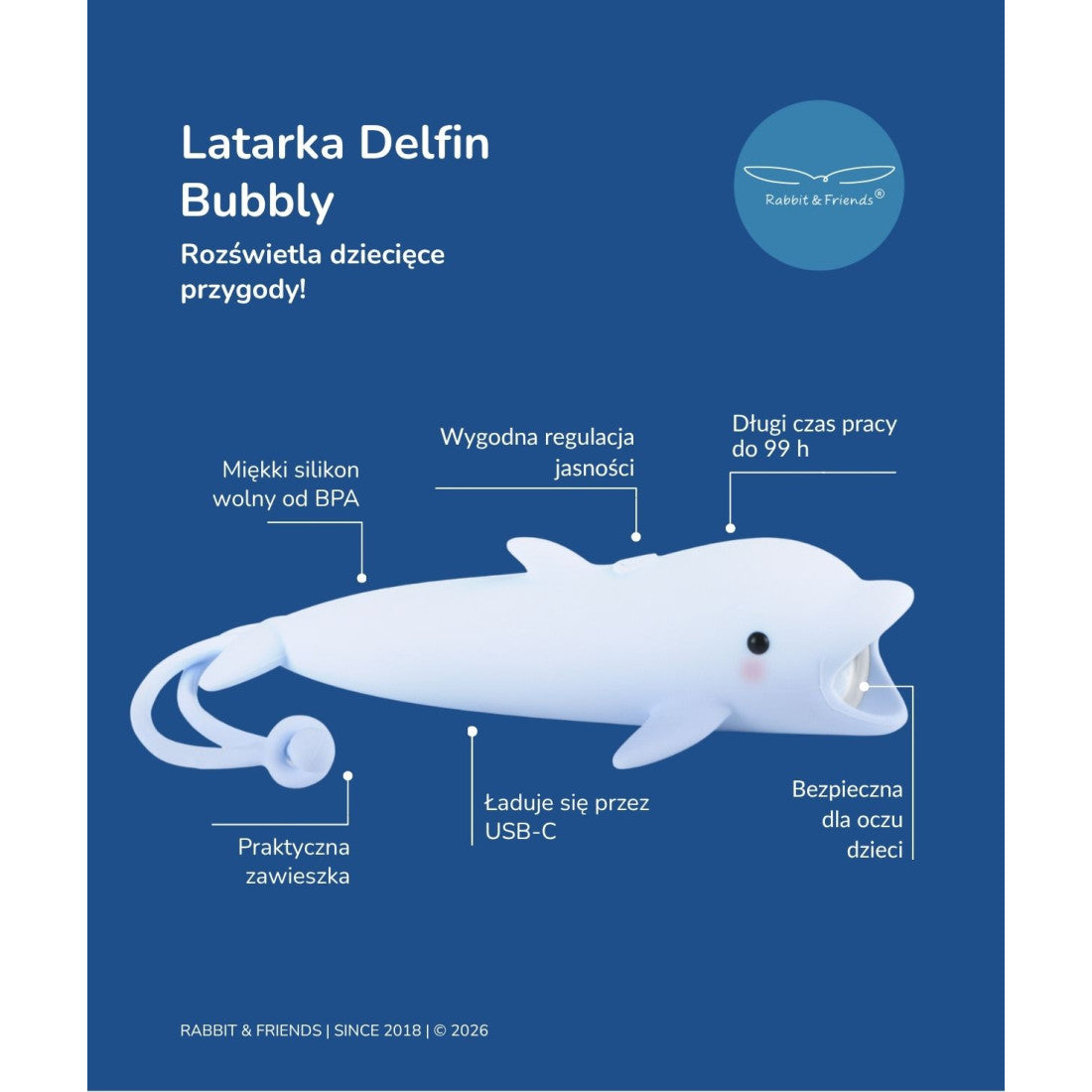 Latarka dla dzieci Delfin BUBBLY Rabbit & Friends – błękitna – zdjęcie 7