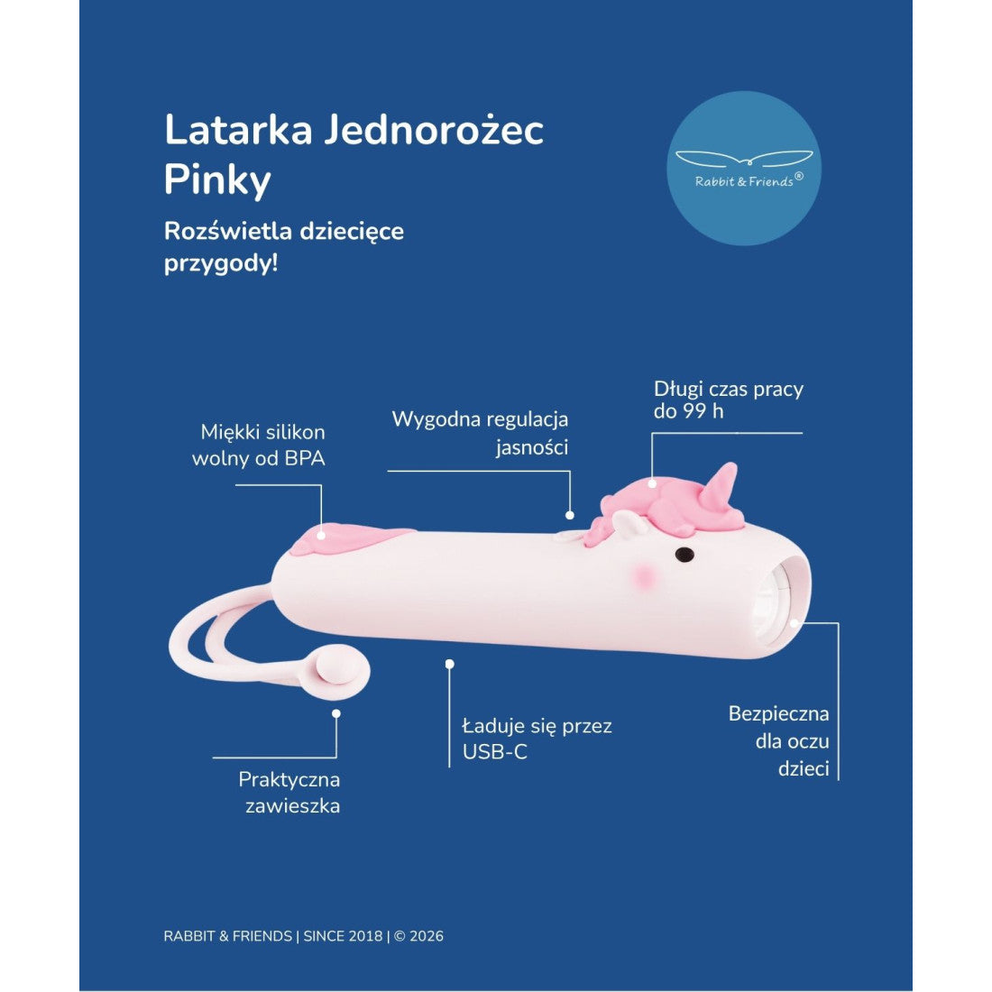 Latarka dla dzieci Jednorożec PINKY Rabbit & Friends – różowa – zdjęcie 6