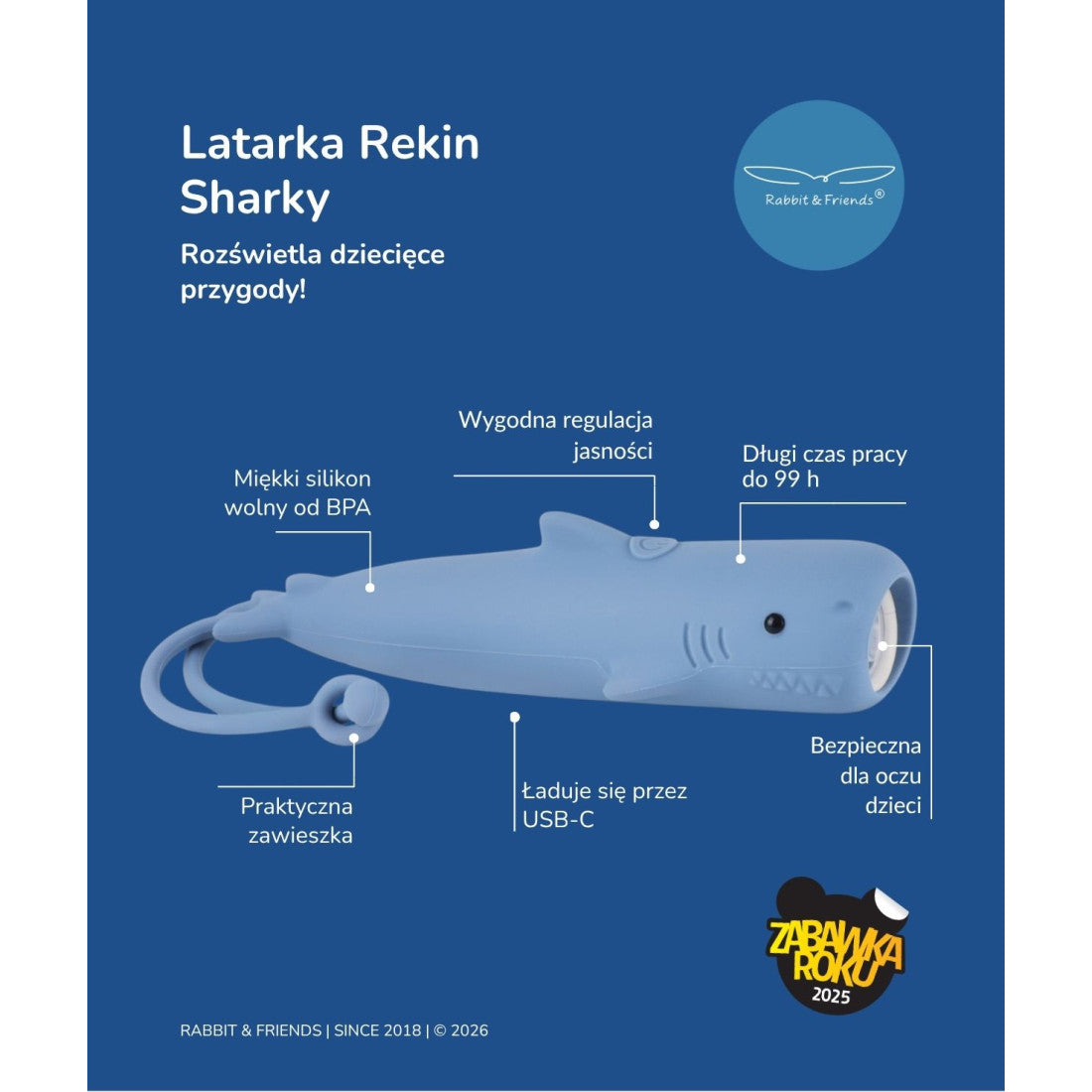 Latarka dla dzieci Rekin SHARKY Rabbit & Friends – niebieska – zdjęcie 6