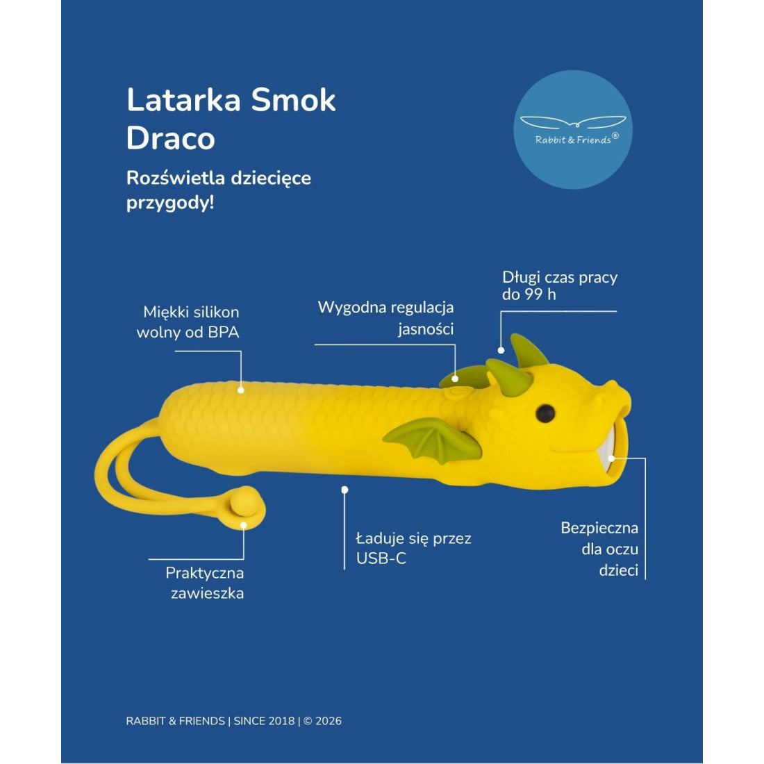 Latarka dla dzieci Smok DRACO Rabbit & Friends – żółta – zdjęcie 7
