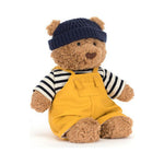 Miś Jellycat Bartłomiej Marynarz 26 cm – granatowa czapka, bluzka w paski i żółte ogrodniczki