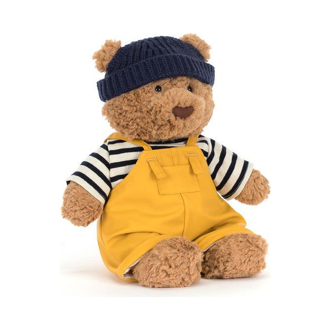 Miś Jellycat Bartłomiej Marynarz 26 cm – granatowa czapka, bluzka w paski i żółte ogrodniczki