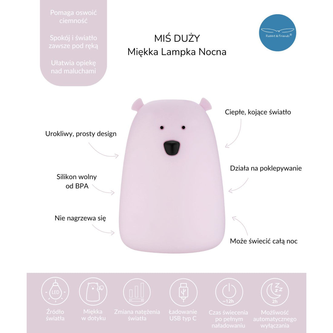 Lampka nocna Miś Duży Rabbit & Friends – lawendowa – zdjęcie 6