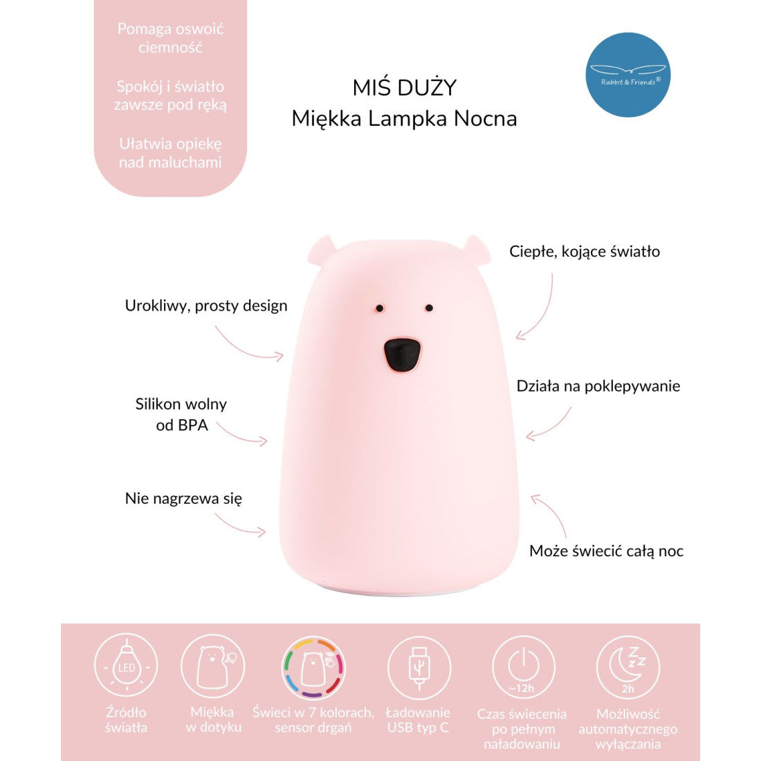 Lampka nocna Miś Duży Rabbit & Friends – różowa – zdjęcie 8