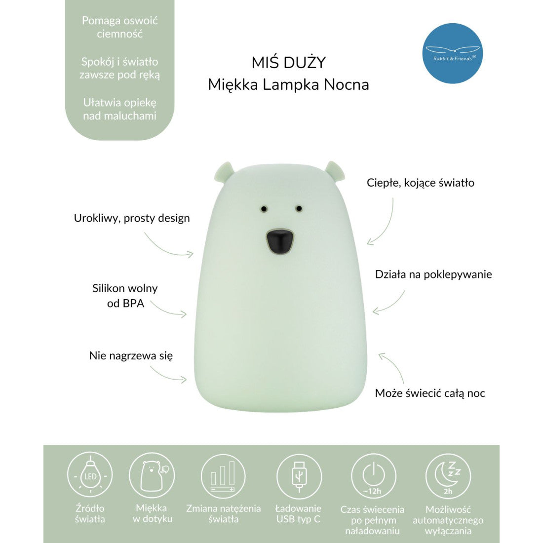 Lampka nocna Miś Duży Rabbit & Friends – szałwiowa – zdjęcie 8