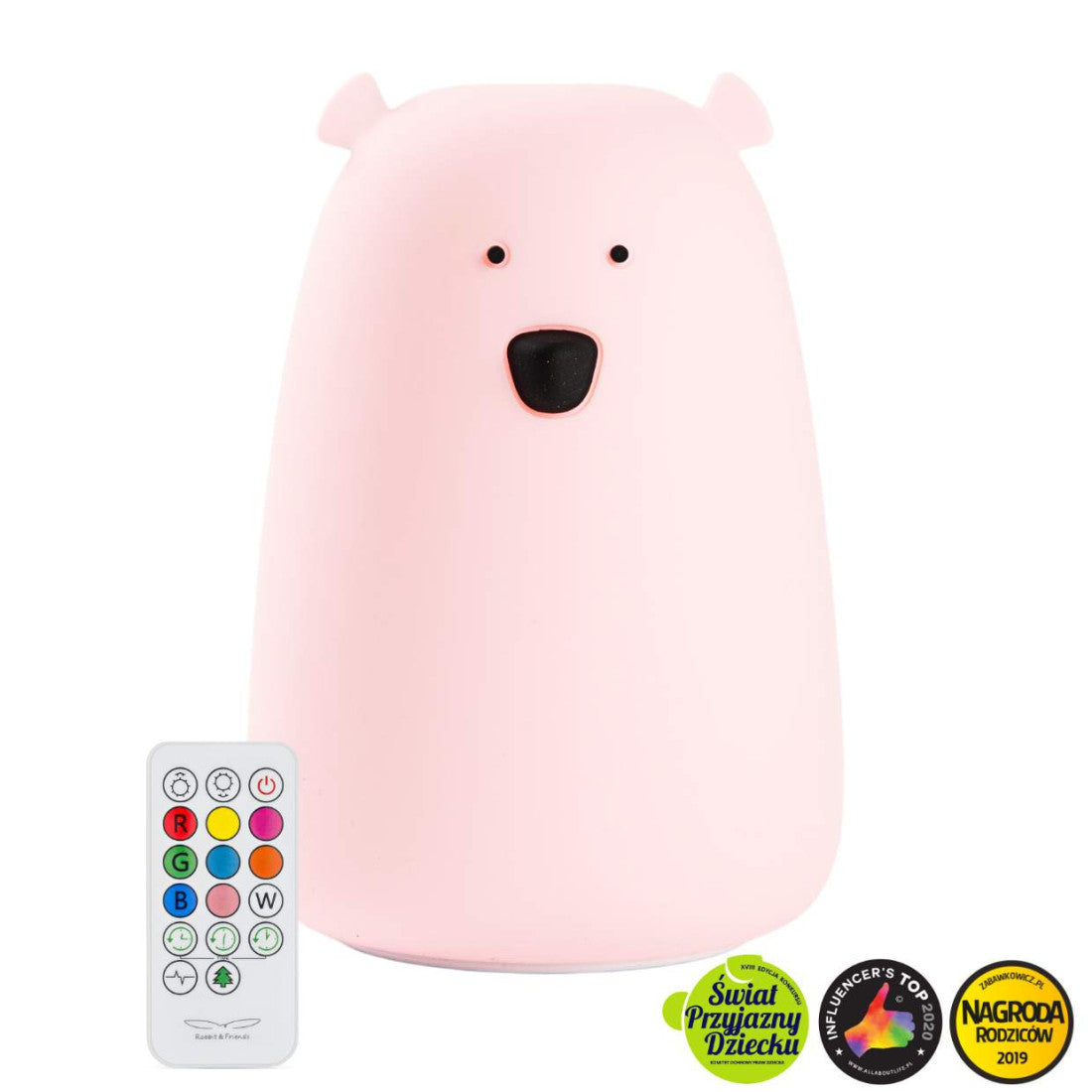 Lampka nocna Miś Duży z pilotem Rabbit & Friends – różowa