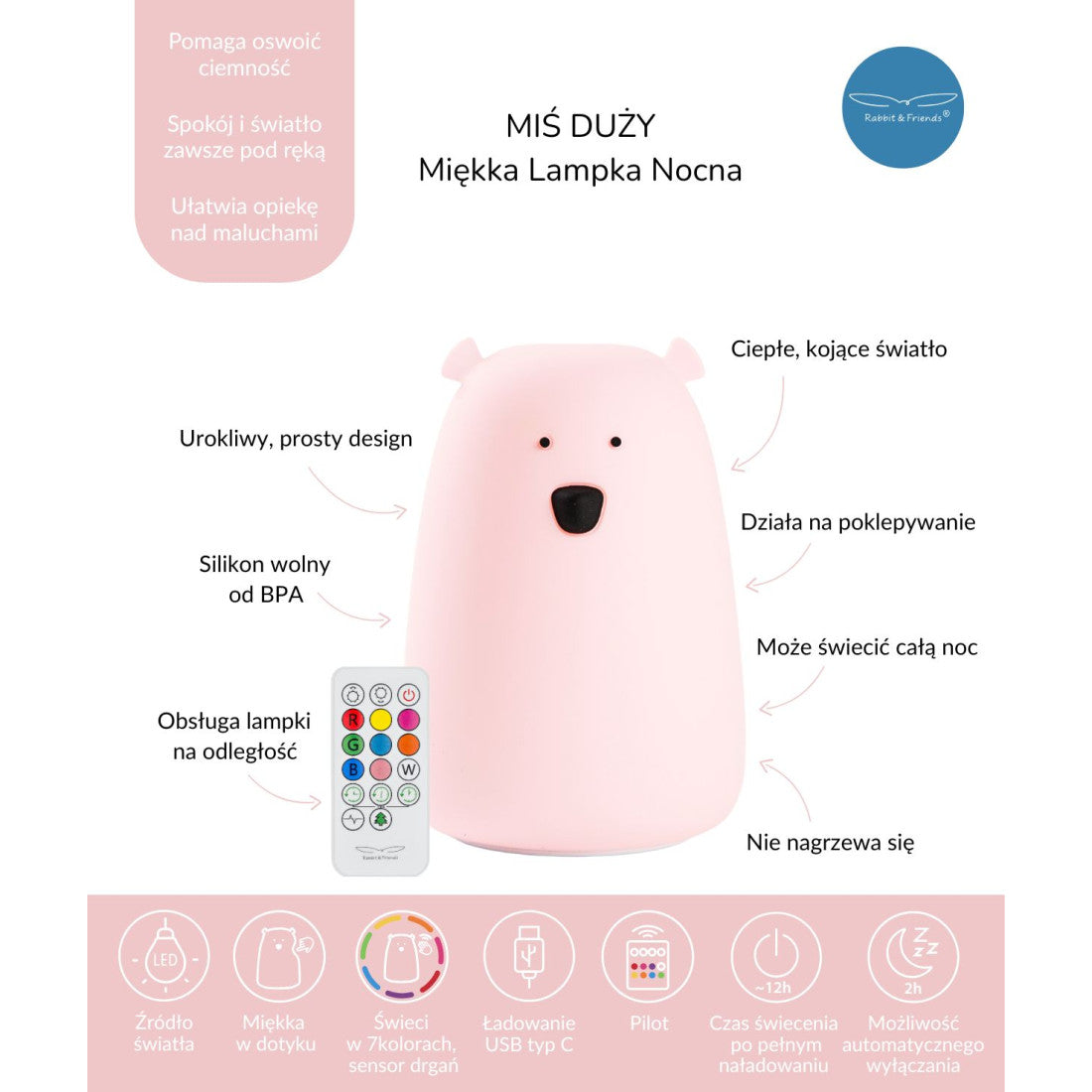 Lampka nocna Miś Duży z pilotem Rabbit & Friends – różowa – zdjęcie 8