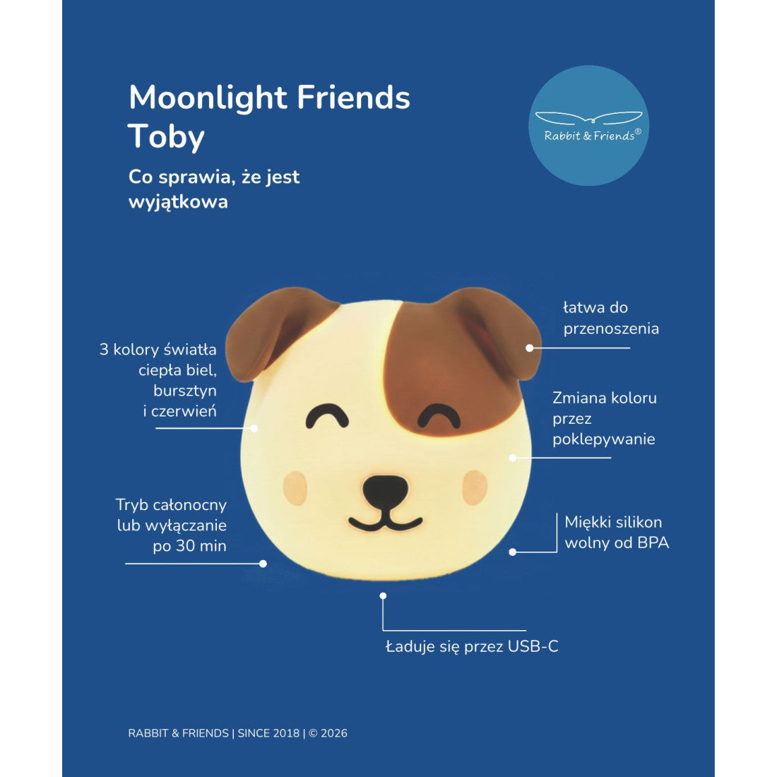 Lampka nocna stojąca Pies TOBY Rabbit & Friends – seria Moonlight Friends – zdjęcie 3