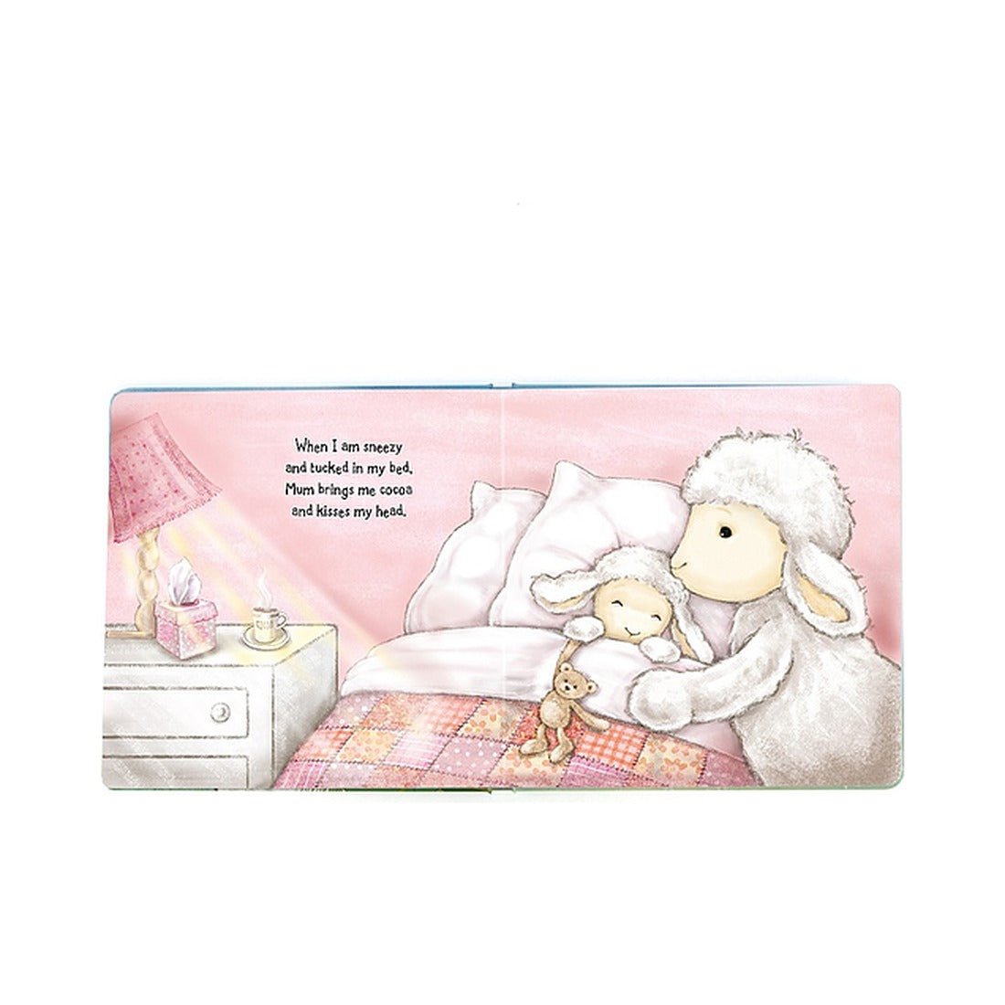 Książeczka Jellycat „My Mum and Me” – rozkładówka z mamą otulającą owieczkę w łóżku