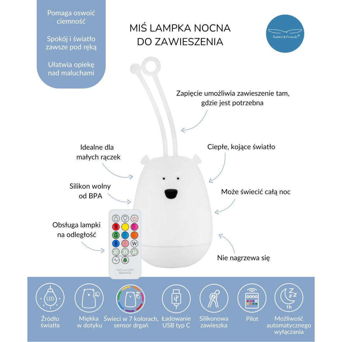 Lampka nocna do zawieszania Miś z pilotem Rabbit & Friends – zdjęcie 8